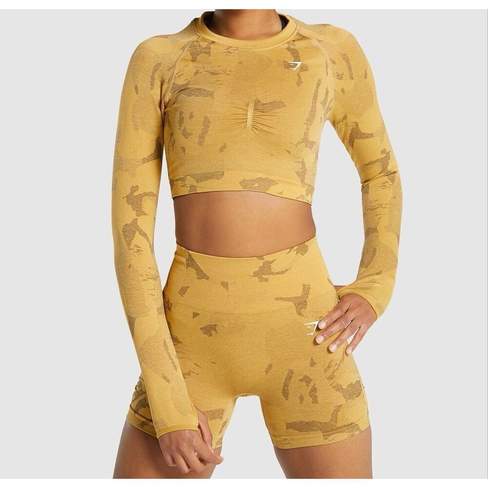 Gymshark ADAPT CAMO SEAMLESS LONG SLEEVE CROP TOP Sz Small NEW